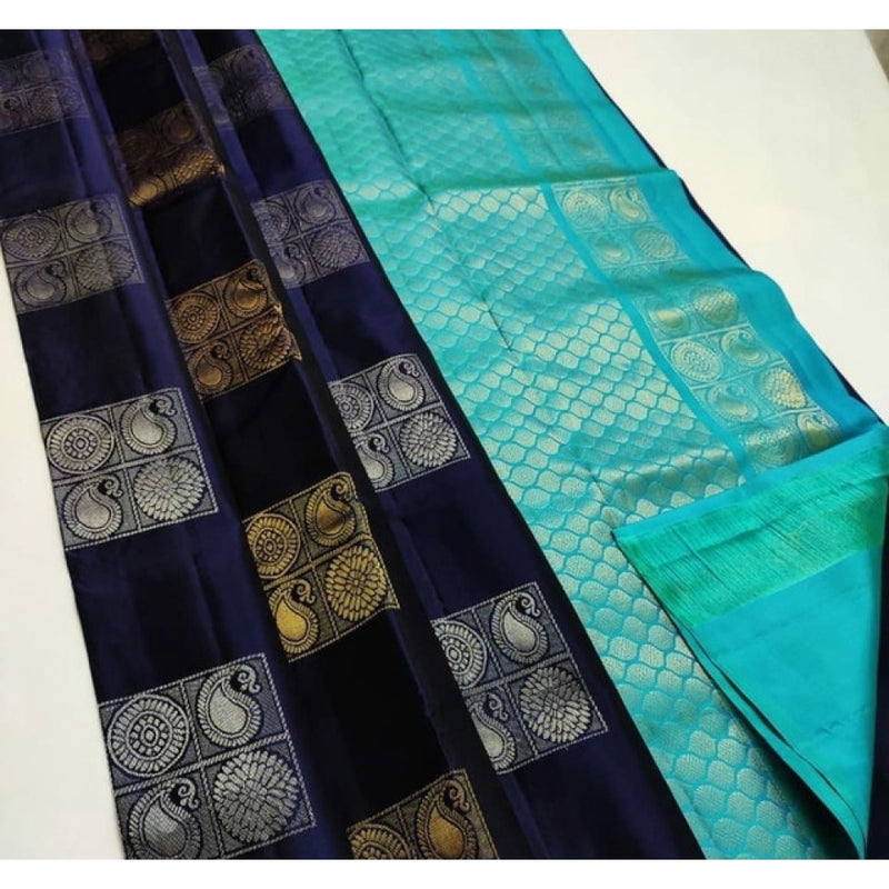 Mayawye Women's Litchi silk Printed Saree With Unstitched Blouse (Navy Blue With Turquise Blue)