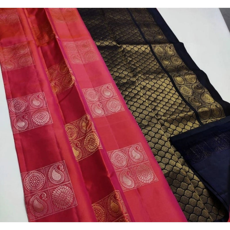 Mayawye Women's Litchi silk Printed Saree With Unstitched Blouse (Red)