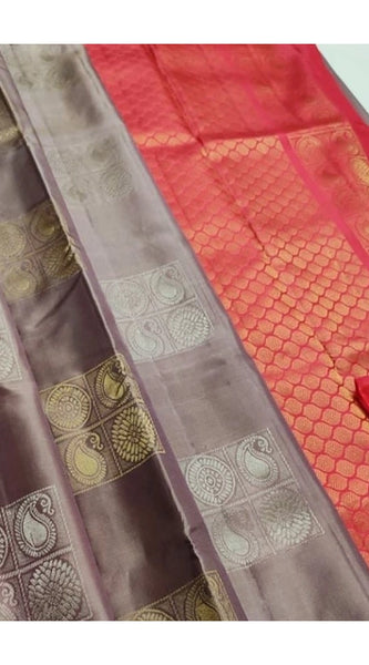 Mayawye Women's Litchi silk Printed Saree With Unstitched Blouse (Brown With Orange)