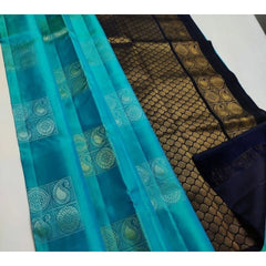 Mayawye Women's Litchi silk Printed Saree With Unstitched Blouse (Light Blue With Black)