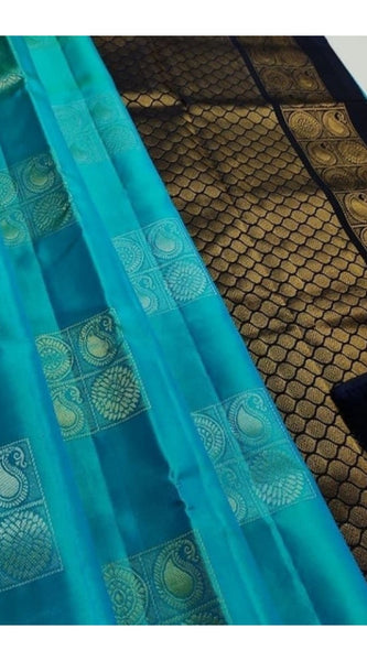 Mayawye Women's Litchi silk Printed Saree With Unstitched Blouse (Light Blue With Black)