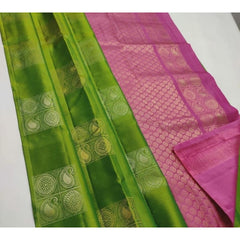 Mayawye Women's Litchi silk Printed Saree With Unstitched Blouse (Green With Pink)