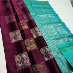 Mayawye Women's Litchi silk Printed Saree With Unstitched Blouse (Maroon With Turquise Green)