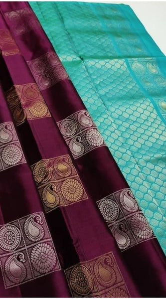 Mayawye Women's Litchi silk Printed Saree With Unstitched Blouse (Maroon With Turquise Green)