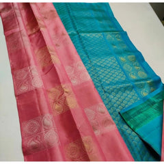 Mayawye Women's Litchi silk Printed Saree With Unstitched Blouse (Peach With Turquise Green)