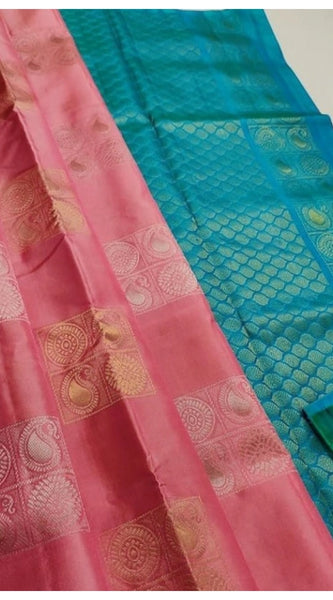 Mayawye Women's Litchi silk Printed Saree With Unstitched Blouse (Peach With Turquise Green)