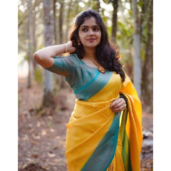 Mayawye Women's Litchi silk Printed Saree With Unstitched Blouse (Yellow)