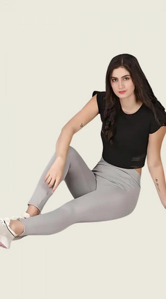 Mayawye Women's Polyester Solid Ankle length High Waisted Tights (Grey)