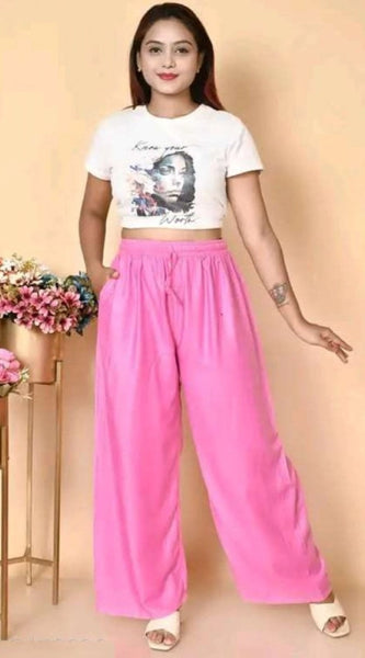 Mayawye Women's Casual Rayon Solid Ankle Length Palazzo (Pink, Free Size)