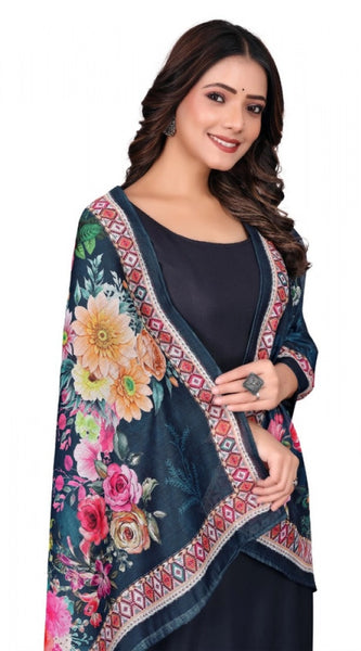 Mayawye Women's chanderi silk  Printed Dupatta (Navy Blue, Length: 2 Mtr)