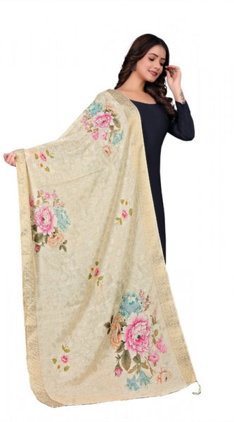 Mayawye Women's chanderi silk  Printed Dupatta (Beige, Length: 2 Mtr)