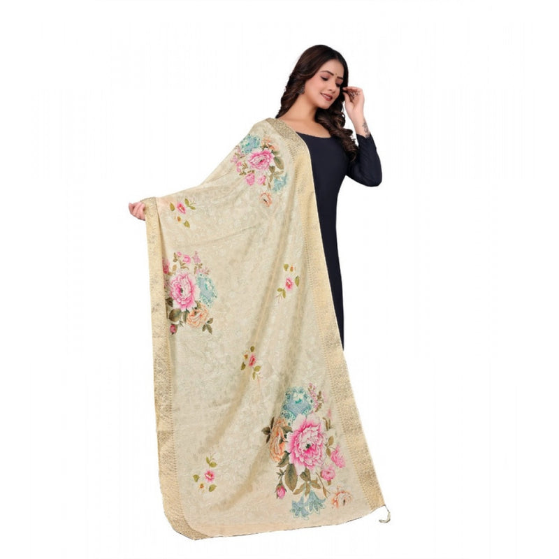 Mayawye Women's chanderi silk  Printed Dupatta (Beige, Length: 2 Mtr)