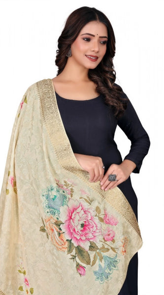 Mayawye Women's chanderi silk  Printed Dupatta (Beige, Length: 2 Mtr)