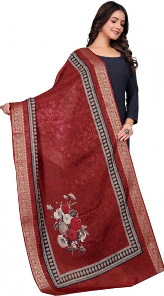 Mayawye Women's chanderi silk  Printed Dupatta (Maroon, Length: 2 Mtr)