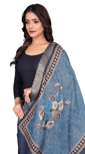 Mayawye Women's chanderi silk  Printed Dupatta (Navy Blue, Length: 2 Mtr)