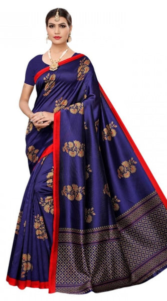 Mayawye Women's Litchi silk Printed Saree With Unstitched Blouse  5-6 Mtrs (Navy Blue)