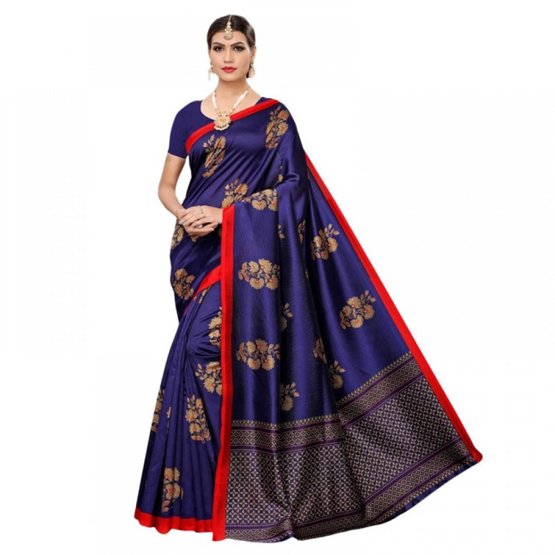 Mayawye Women's Litchi silk Printed Saree With Unstitched Blouse  5-6 Mtrs (Navy Blue)