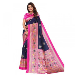 Mayawye Women's Litchi silk Printed Saree With Unstitched Blouse  5-6 Mtrs (Navy Blue)