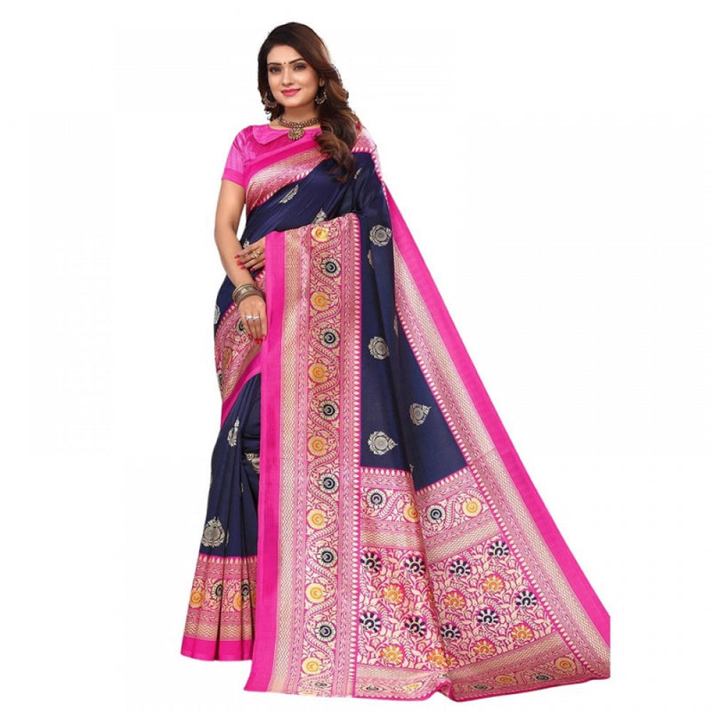 Mayawye Women's Litchi silk Printed Saree With Unstitched Blouse  5-6 Mtrs (Navy Blue)