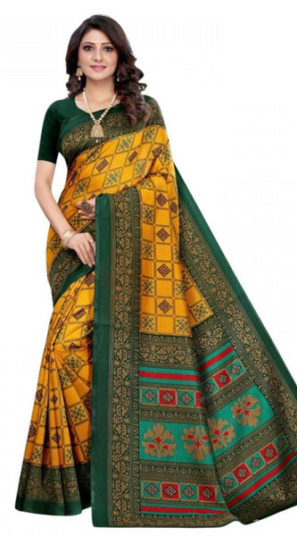 Mayawye Women's Litchi silk Printed Saree With Unstitched Blouse  5-6 Mtrs (Mustard Yellow)