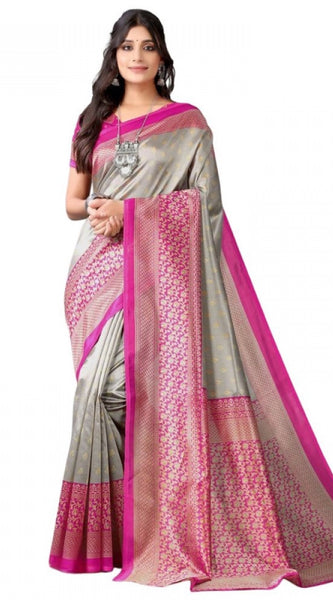 Mayawye Women's Litchi silk Printed Saree With Unstitched Blouse  5-6 Mtrs (Gray)