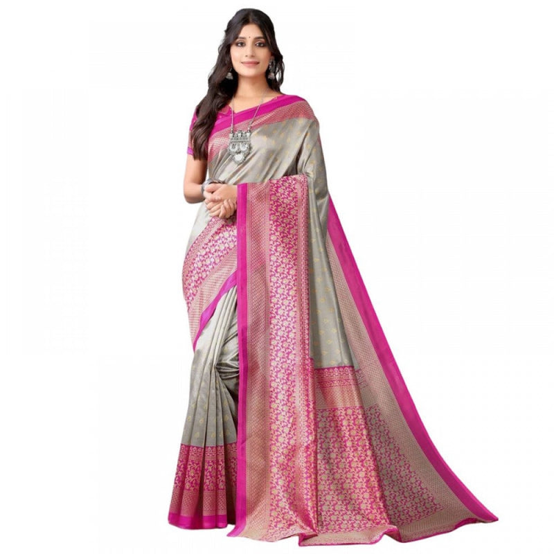 Mayawye Women's Litchi silk Printed Saree With Unstitched Blouse  5-6 Mtrs (Gray)