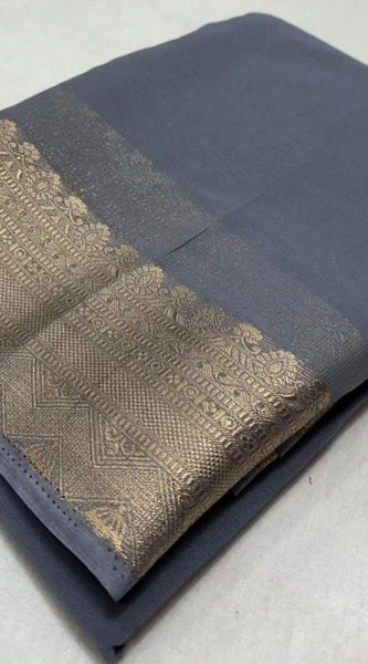 Mayawye Women's Crepe Chit Pallu Solid Saree With Unstitched Blouse 5.5Mtr (Grey)