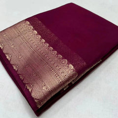 Mayawye Women's Crepe Chit Pallu Solid Saree With Unstitched Blouse 5.5Mtr (Purple)