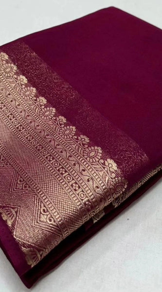 Mayawye Women's Crepe Chit Pallu Solid Saree With Unstitched Blouse 5.5Mtr (Purple)