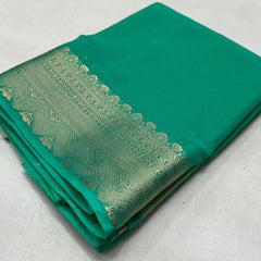 Mayawye Women's Crepe Chit Pallu Solid Saree With Unstitched Blouse 5.5Mtr (Turquoise Green)