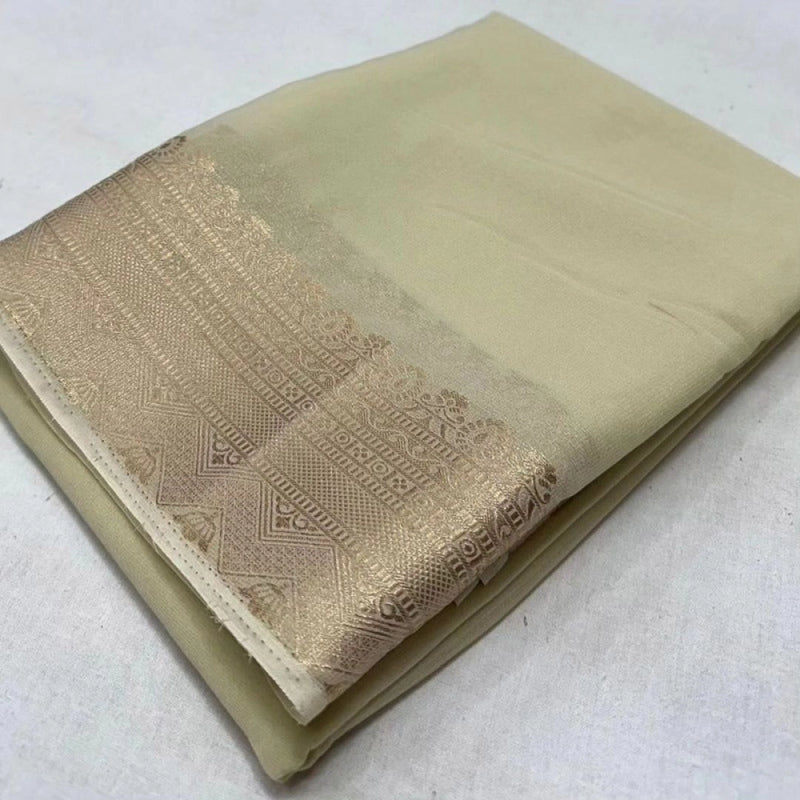 Mayawye Women's Crepe Chit Pallu Solid Saree With Unstitched Blouse 5.5Mtr (Beige)