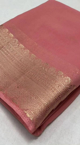 Mayawye Women's Crepe Chit Pallu Solid Saree With Unstitched Blouse 5.5Mtr (Peach)