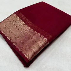 Mayawye Women's Crepe Chit Pallu Solid Saree With Unstitched Blouse 5.5Mtr (Maroon)
