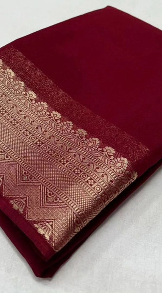 Mayawye Women's Crepe Chit Pallu Solid Saree With Unstitched Blouse 5.5Mtr (Maroon)