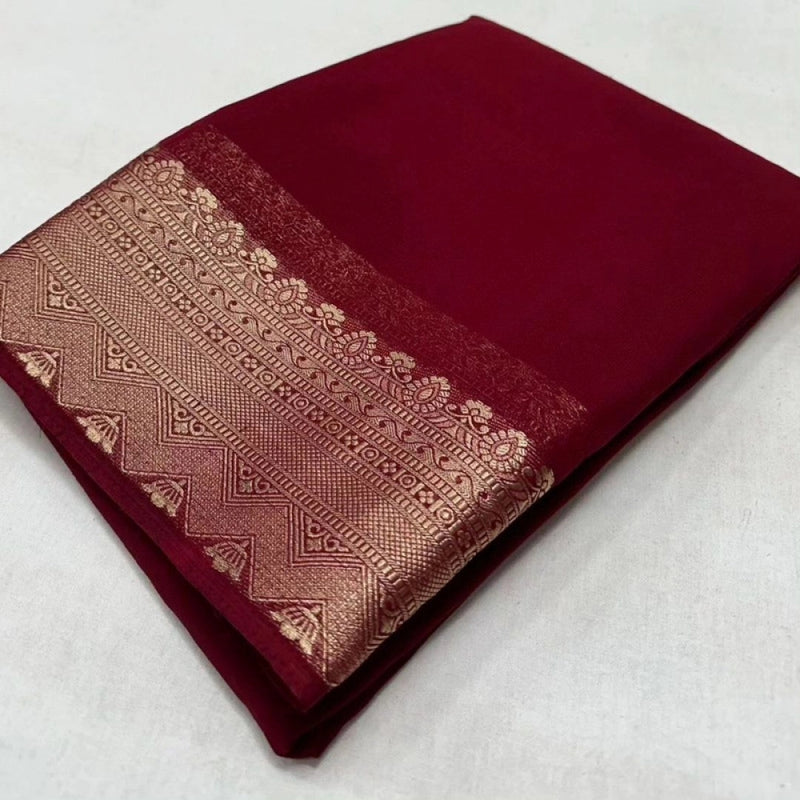 Mayawye Women's Crepe Chit Pallu Solid Saree With Unstitched Blouse 5.5Mtr (Maroon)