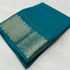 Mayawye Women's Crepe Chit Pallu Solid Saree With Unstitched Blouse 5.5Mtr (Sky Blue)