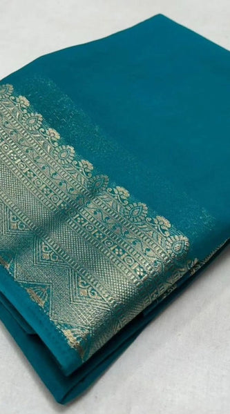 Mayawye Women's Crepe Chit Pallu Solid Saree With Unstitched Blouse 5.5Mtr (Sky Blue)