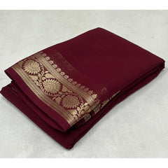 Mayawye Women's Crepe Chit Pallu Solid Saree With Unstitched Blouse 5.5Mtr (Maroon)