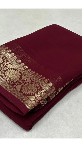 Mayawye Women's Crepe Chit Pallu Solid Saree With Unstitched Blouse 5.5Mtr (Maroon)