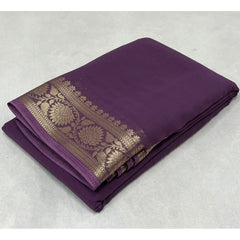 Mayawye Women's Crepe Chit Pallu Solid Saree With Unstitched Blouse 5.5Mtr (Purple)