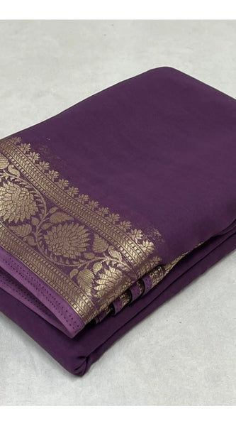 Mayawye Women's Crepe Chit Pallu Solid Saree With Unstitched Blouse 5.5Mtr (Purple)