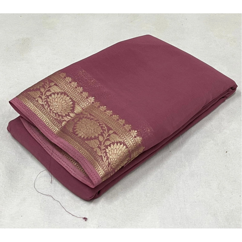 Mayawye Women's Crepe Chit Pallu Solid Saree With Unstitched Blouse 5.5Mtr (Peach)