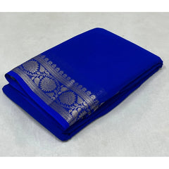 Mayawye Women's Crepe Chit Pallu Solid Saree With Unstitched Blouse 5.5Mtr (Blue)