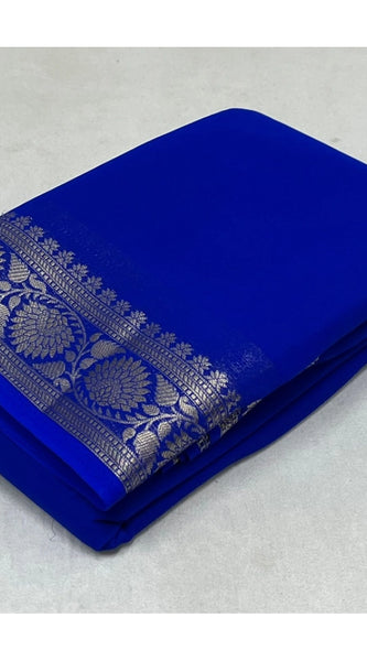 Mayawye Women's Crepe Chit Pallu Solid Saree With Unstitched Blouse 5.5Mtr (Blue)