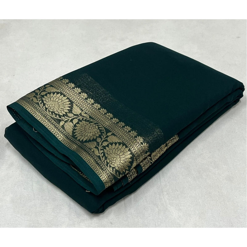 Mayawye Women's Crepe Chit Pallu Solid Saree With Unstitched Blouse 5.5Mtr (Green)