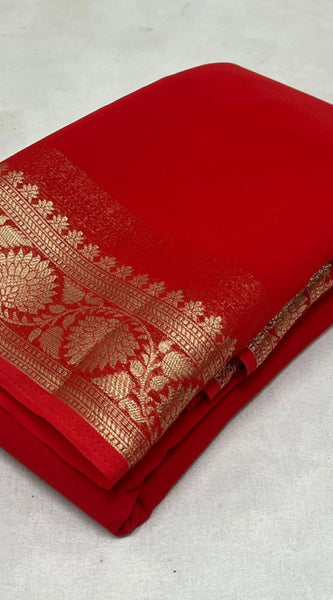 Mayawye Women's Crepe Chit Pallu Solid Saree With Unstitched Blouse 5.5Mtr (Red)