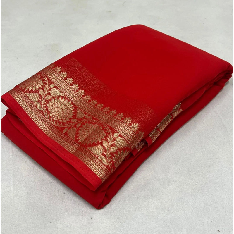 Mayawye Women's Crepe Chit Pallu Solid Saree With Unstitched Blouse 5.5Mtr (Red)