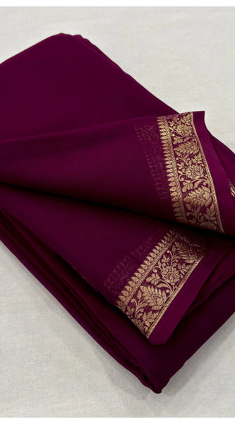 Mayawye Women's Crepe Chit Pallu Solid Saree With Unstitched Blouse 5.5Mtr (Wine)