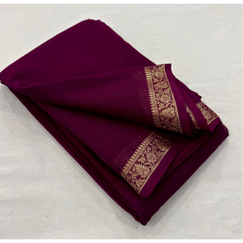 Mayawye Women's Crepe Chit Pallu Solid Saree With Unstitched Blouse 5.5Mtr (Wine)