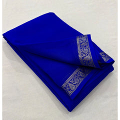 Mayawye Women's Crepe Chit Pallu Solid Saree With Unstitched Blouse 5.5Mtr (Blue)